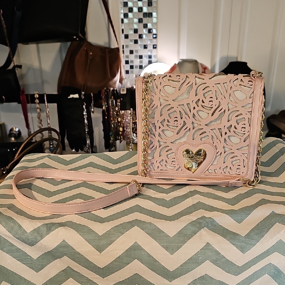 Betsey Johnson Soft Pink Laser Cut Roses Crossbody Bag